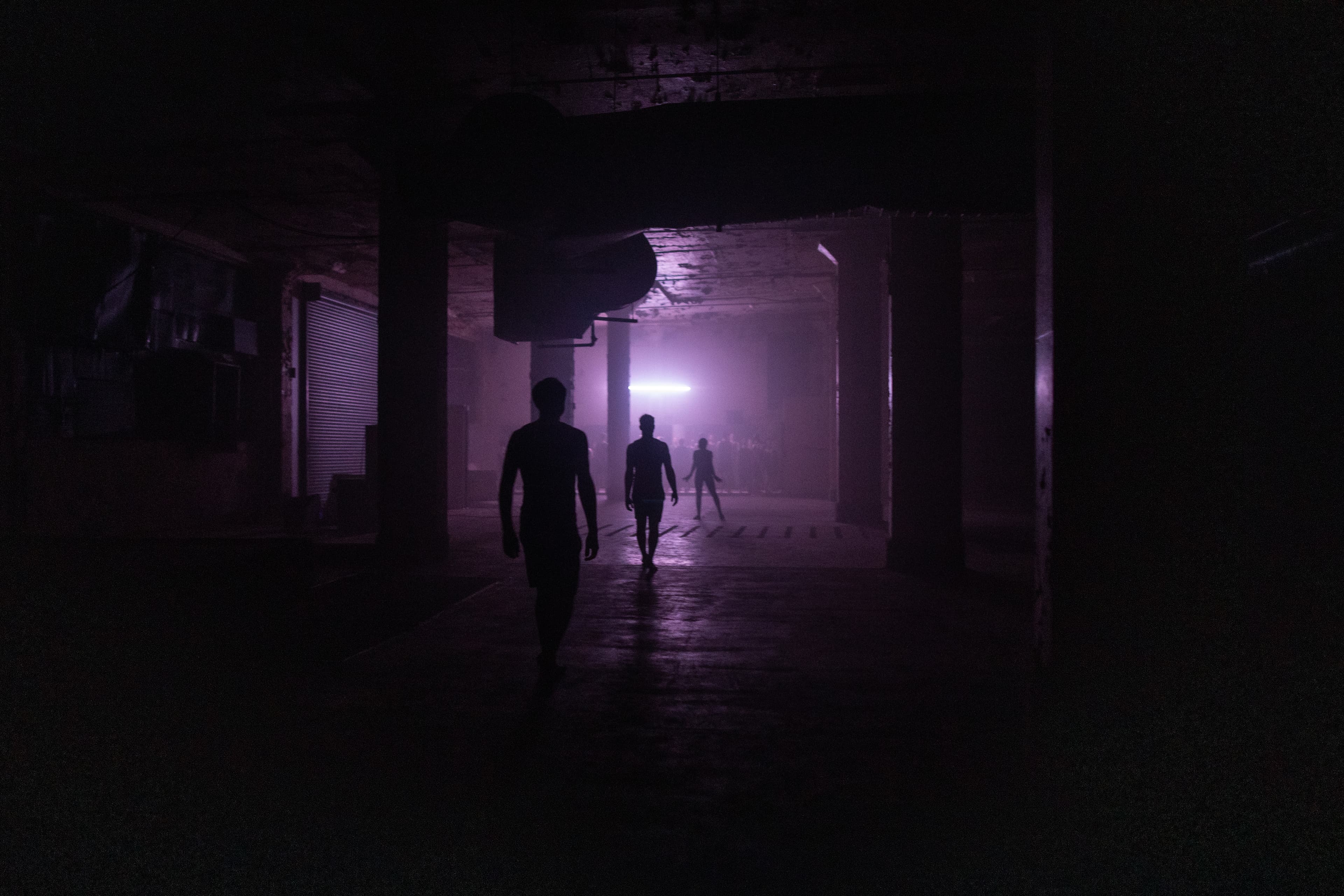 Shadowed figures walking through The Waldorf Project installation